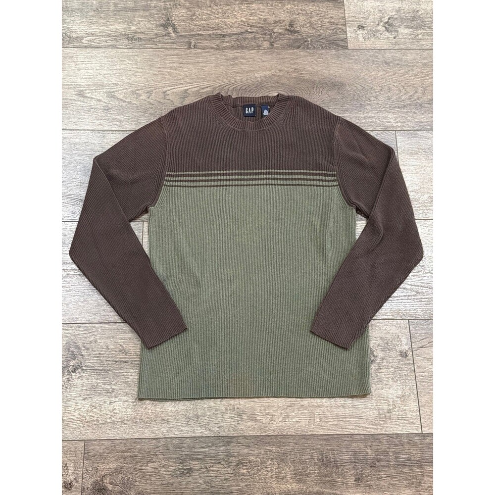 Vintage Y2K GAP Men's Ribbed Cotton Crewneck Sweater Green Brown Size Large